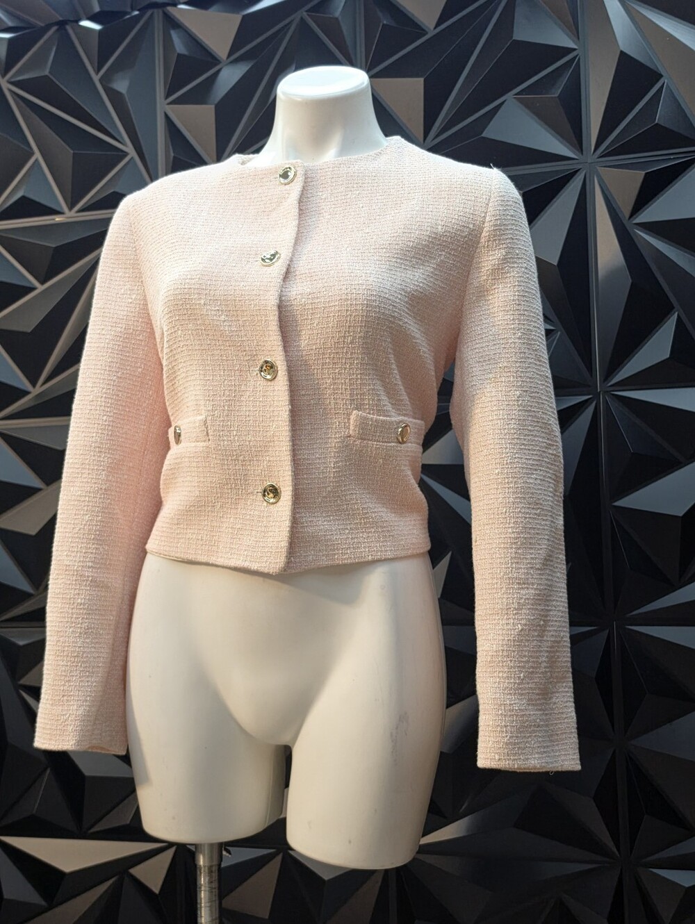 Zara Pale Pink Cropped Bouclé Blazer with Gold Buttons